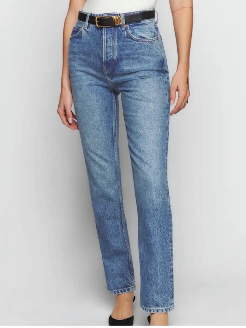 Reformation High-Rise Straight Leg Jeans in Light Blue Wash
